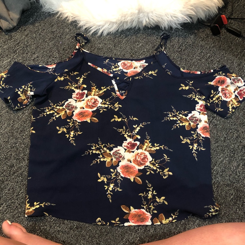 Navy blue floral print cold shoulder top